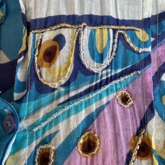 COLORI DI MARE 100% cotton Shirt Beaded Kaftan beach cover up L/XL - Picture 9 of 9